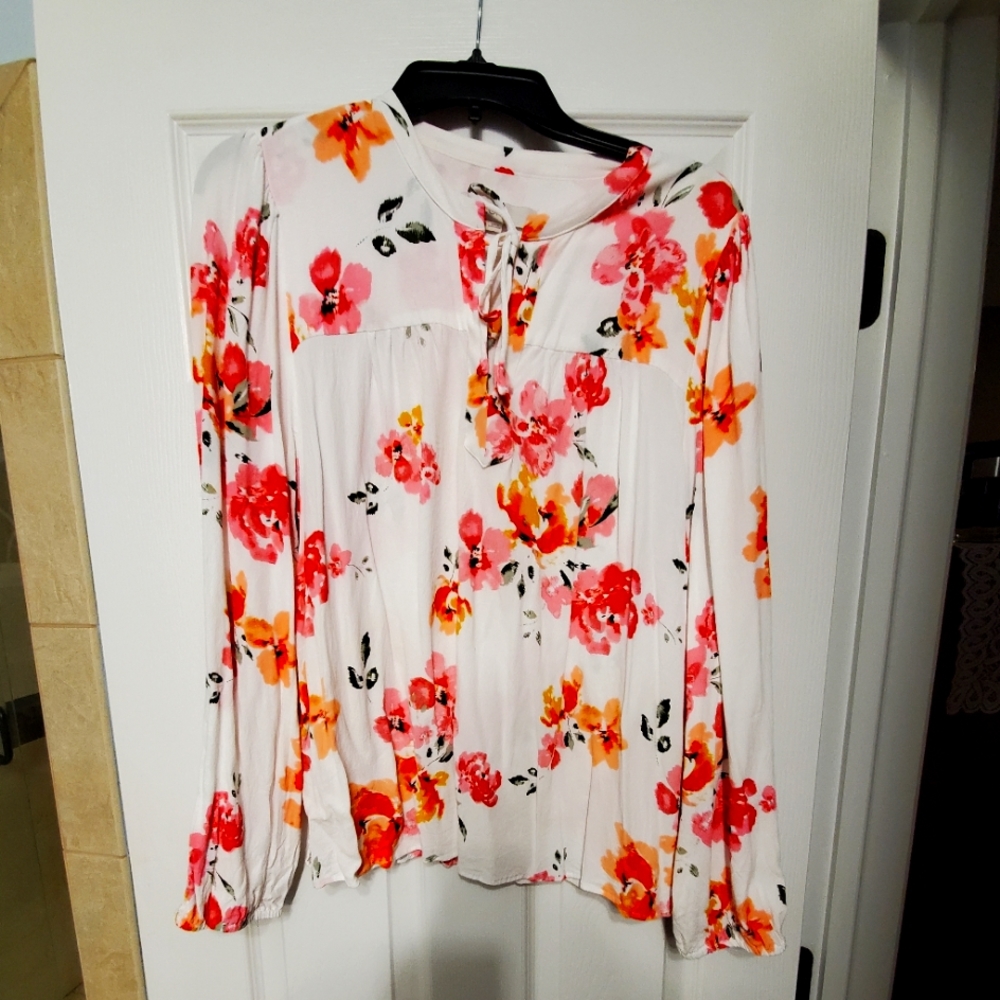 Loft Blouse, White/Pink/Yellow Floral Print, XL